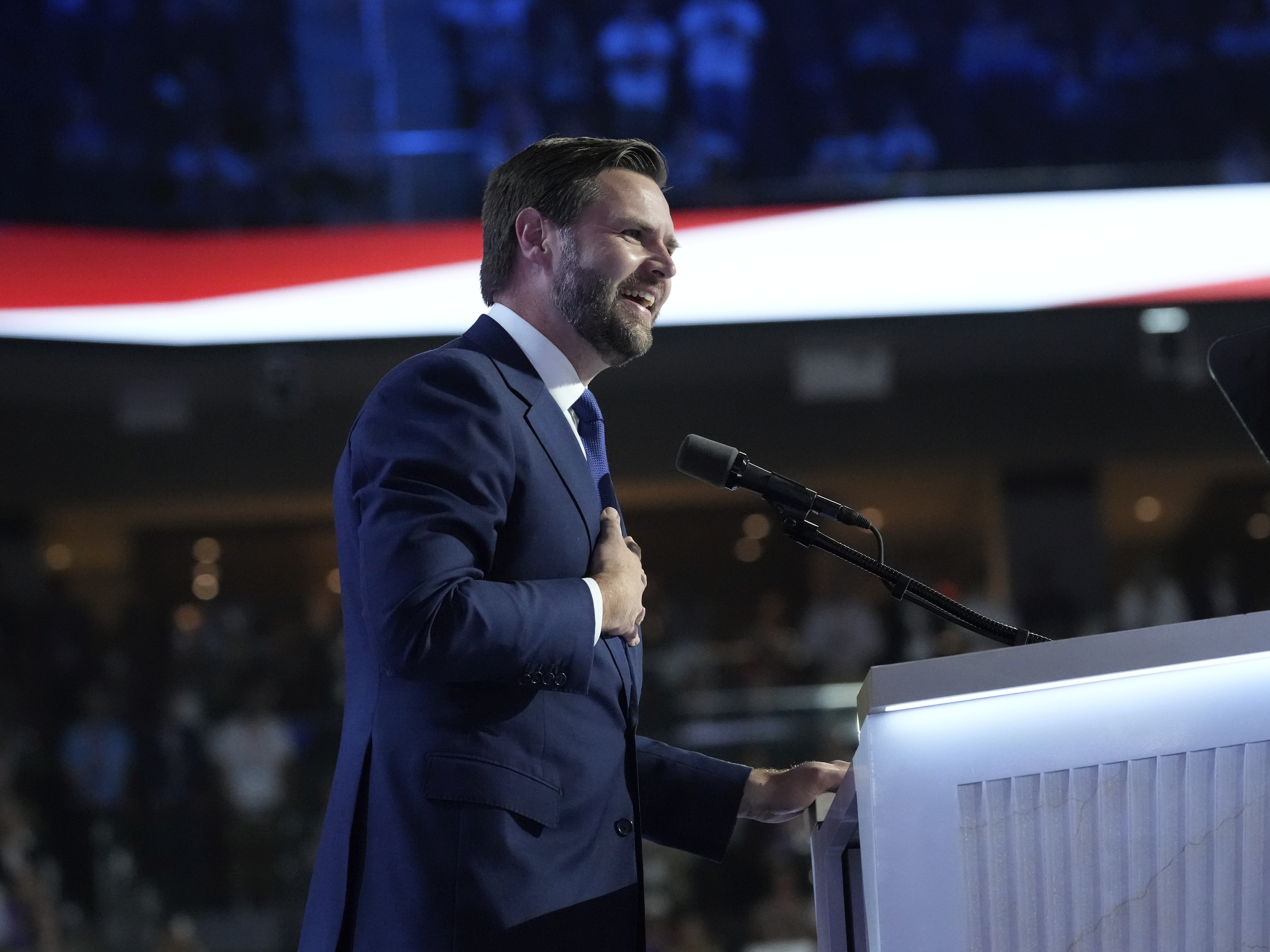 caption: Republican vice presidential candidate J.D. Vance speaks during the Republican National Convention in Milwaukee on Wednesday. Vance spent a portion of his address speaking about the influence of his late grandmother, who he called his "guardian angel." 