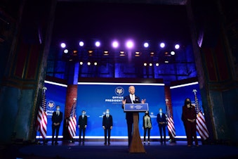 caption: President-elect Joe Biden (C) introduces key foreign policy and national security nominees and appointments at the Queen Theatre on November 24, 2020 in Wilmington, Delaware. (Mark Makela/Getty Images)