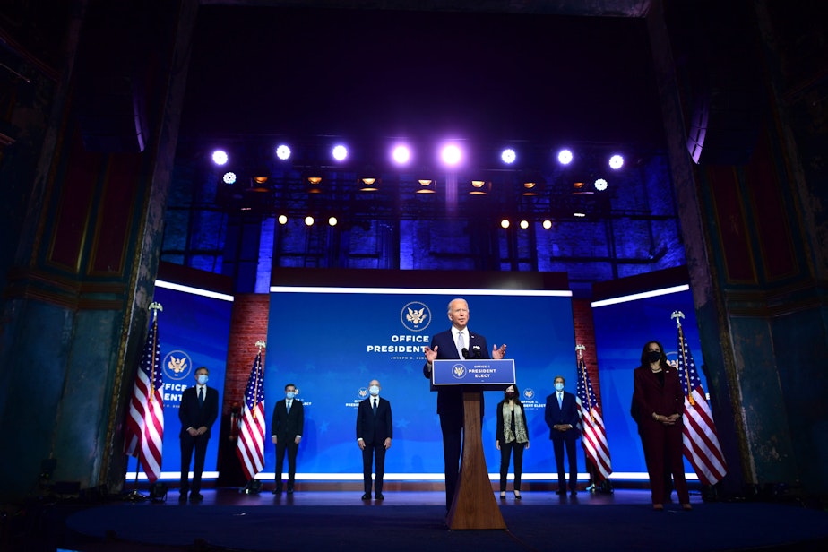 caption: President-elect Joe Biden (C) introduces key foreign policy and national security nominees and appointments at the Queen Theatre on November 24, 2020 in Wilmington, Delaware. (Mark Makela/Getty Images)