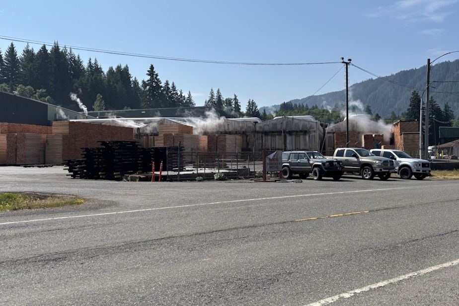 caption: The Hampton Mill in Morton, Washington. Steam rises from kilns used to dry lumber after it's cut. The kilns are fueled by wood waste from the milling process.