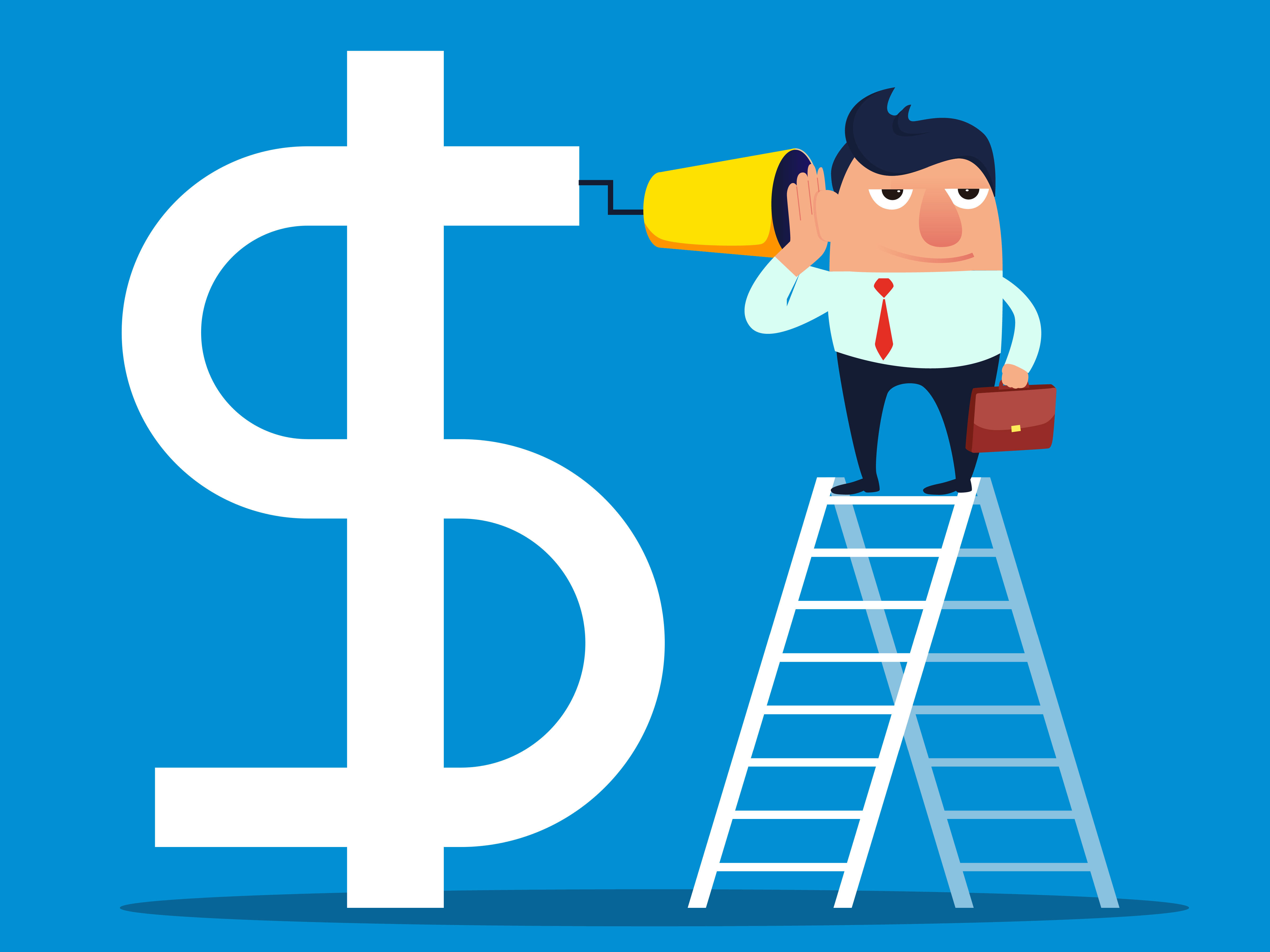 caption: Businessman climbs high with a ladder to communicate with the dollar