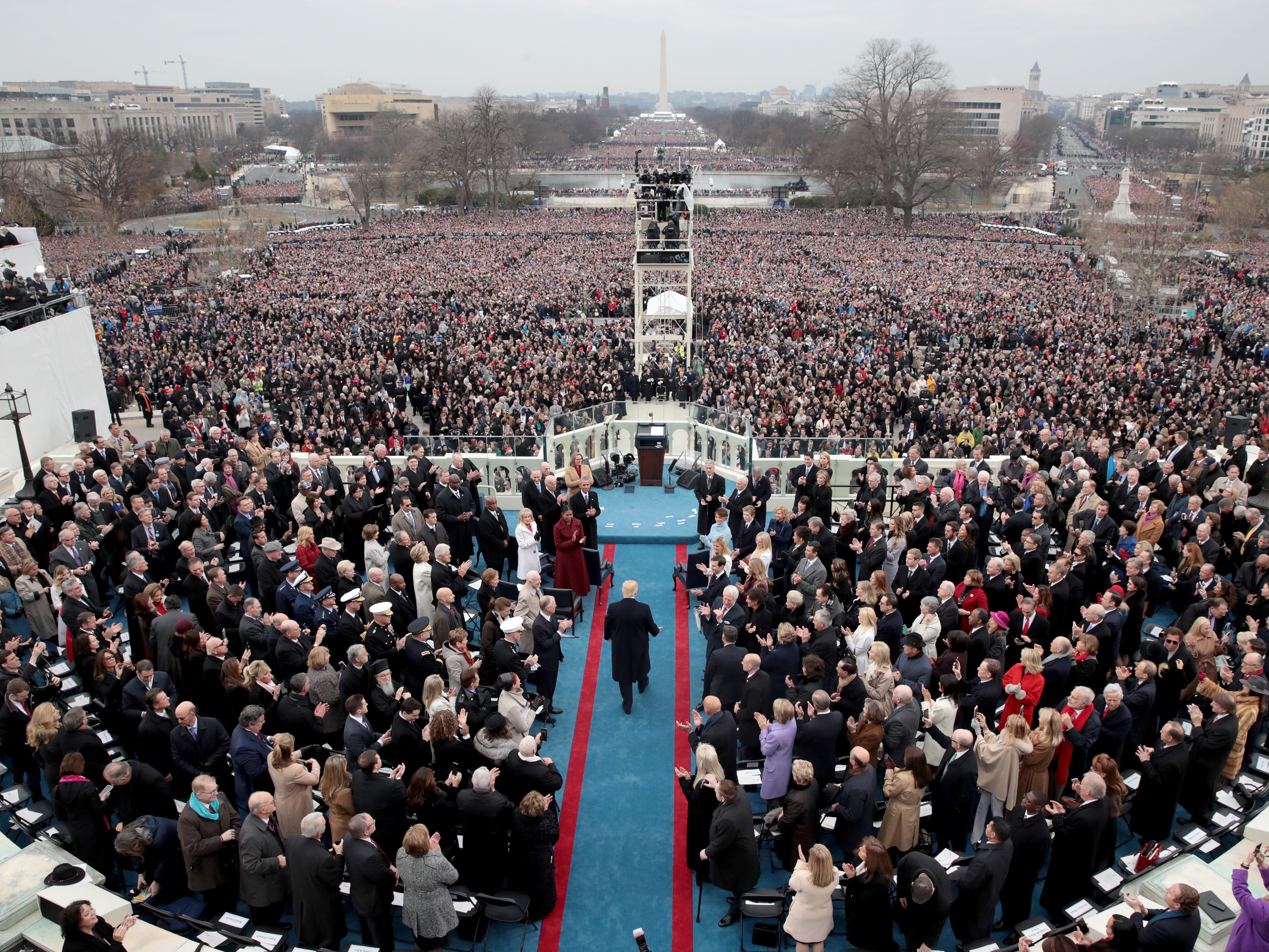 caption: President Donald Trump arrives on the West Front of the U.S. Capitol on Jan. 20, 2017.