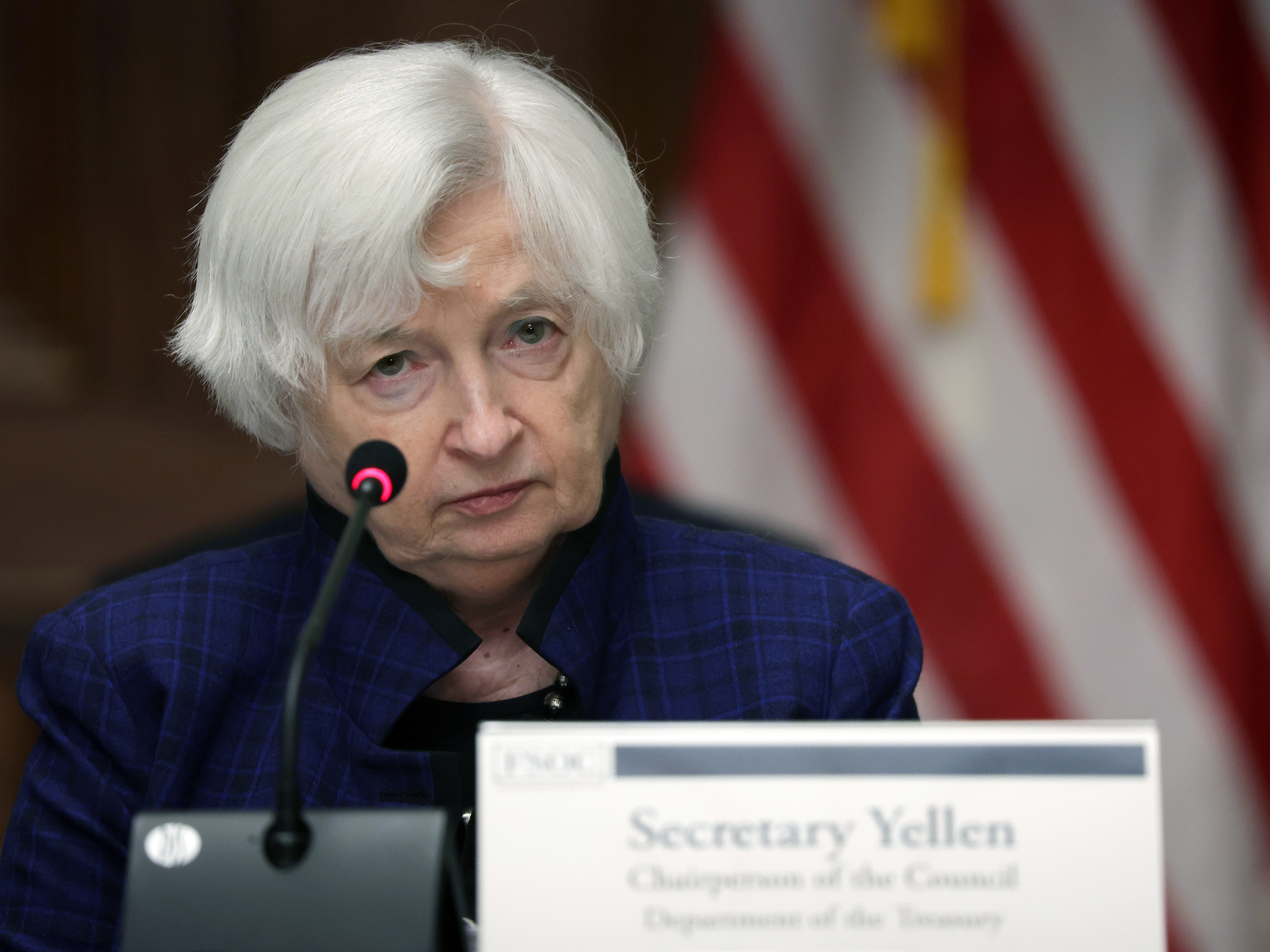 caption: Treasury Secretary Janet Yellen listens during an open session of the Financial Stability Oversight Council meeting at the Department of the Treasury in Washington, D.C., on April 21, 2023. Yellen said on Friday Congress would need to raise the debt ceiling by June 5 or the country could run out of cash to pay its bills.