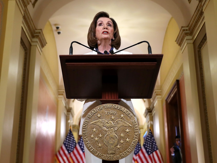 caption: House Speaker Nancy Pelosi, D-Calif., announced at the Capitol on Thursday that the House is drafting articles of impeachment against President Trump.