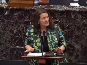 caption: Rep. Diana DeGette, D-Colo., speaks on the third day of former President Donald Trump's second impeachment trial, Thursday at the U.S. Capitol. DeGette referenced court documents and social media posts to argue that Trump supporters believed they were following his orders in attacking the Capitol.