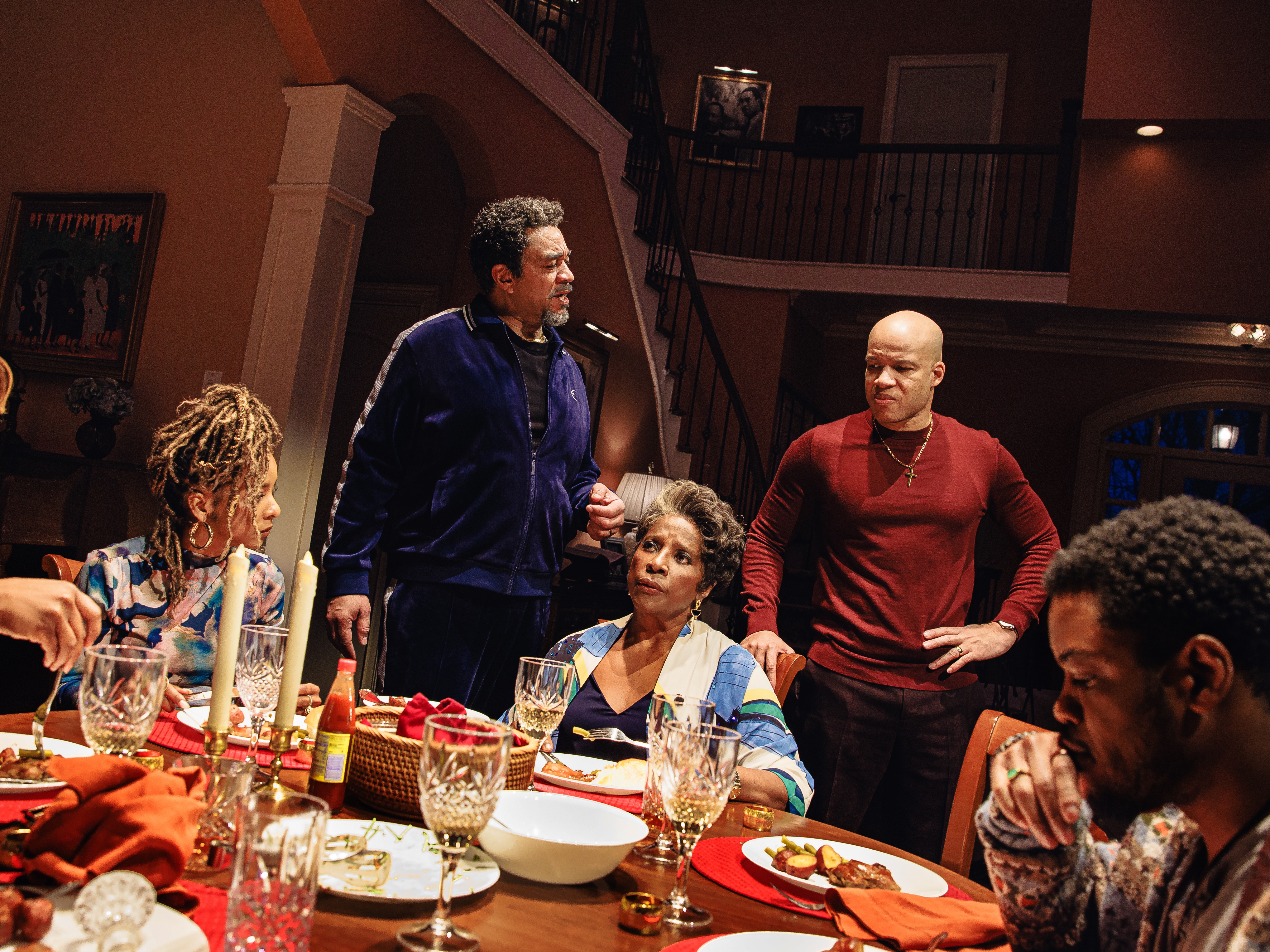 caption: Left to right: Alana Arenas (Morgan), Kara Young (Aziza), Harry Lennix (Solomon), LaTanya Richardson Jackson (Claudine), Glenn Davis (Junior) and Jon Michael Hill (Naz) perform in a Broadway production of the play <em>Purpose</em>, written by Branden Jacobs-Jenkins and directed by Phylicia Rashad.