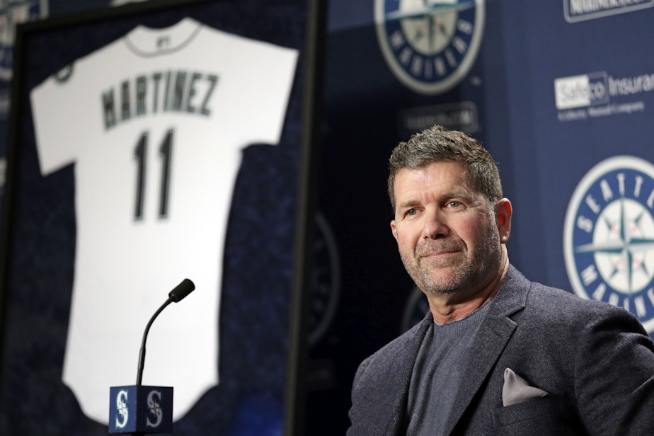 caption: Seattle Mariners former designated hitter Edgar Martinez speaks at a news conference announcing the retirement by the team of his jersey number 11, Tuesday, Jan. 24, 2017, in Seattle.