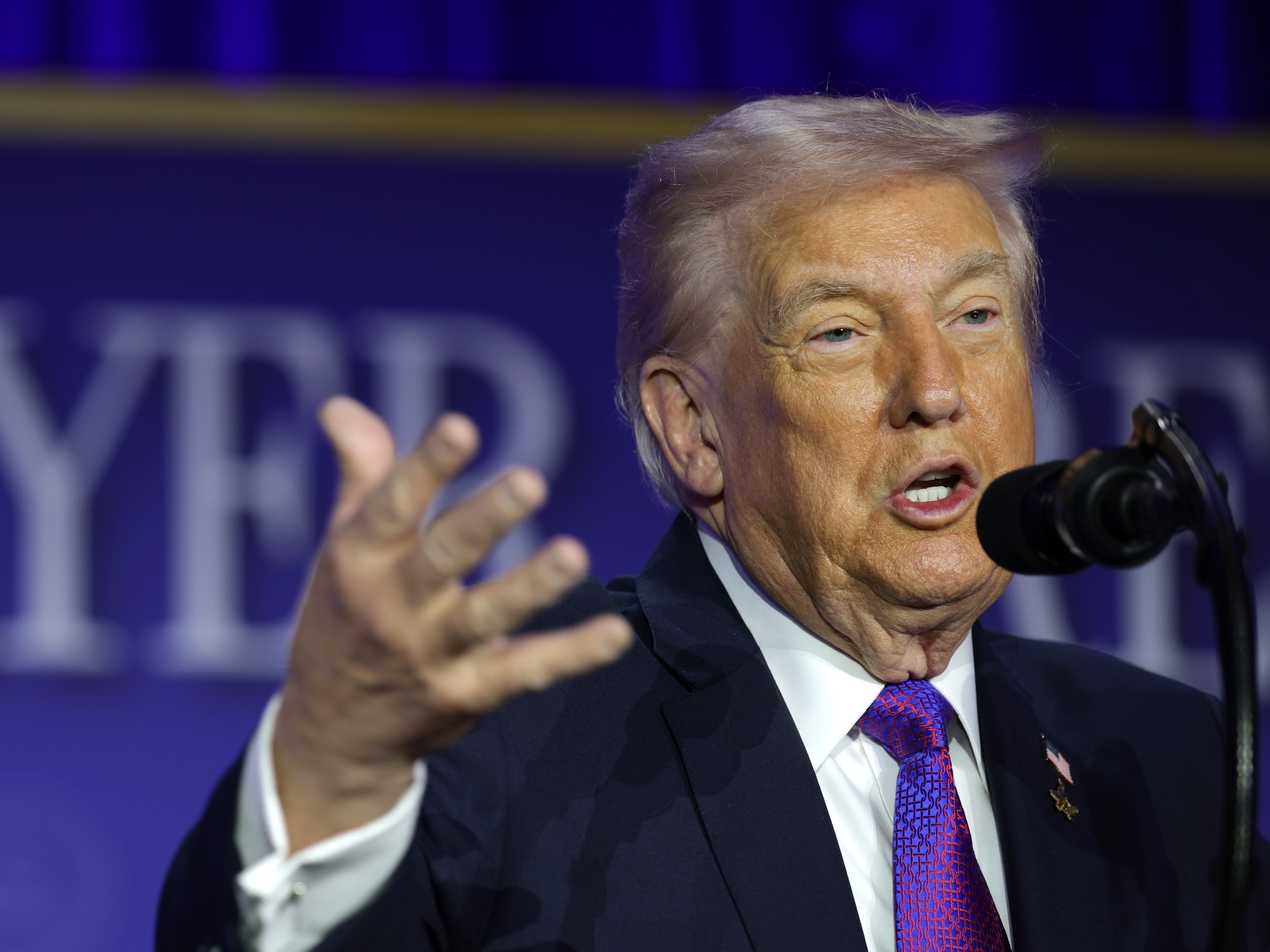 caption: U.S. President Donald Trump speaks during the 74th annual National Prayer Breakfast at the Washington Hilton on February 5, 2026 in Washington, D.C.