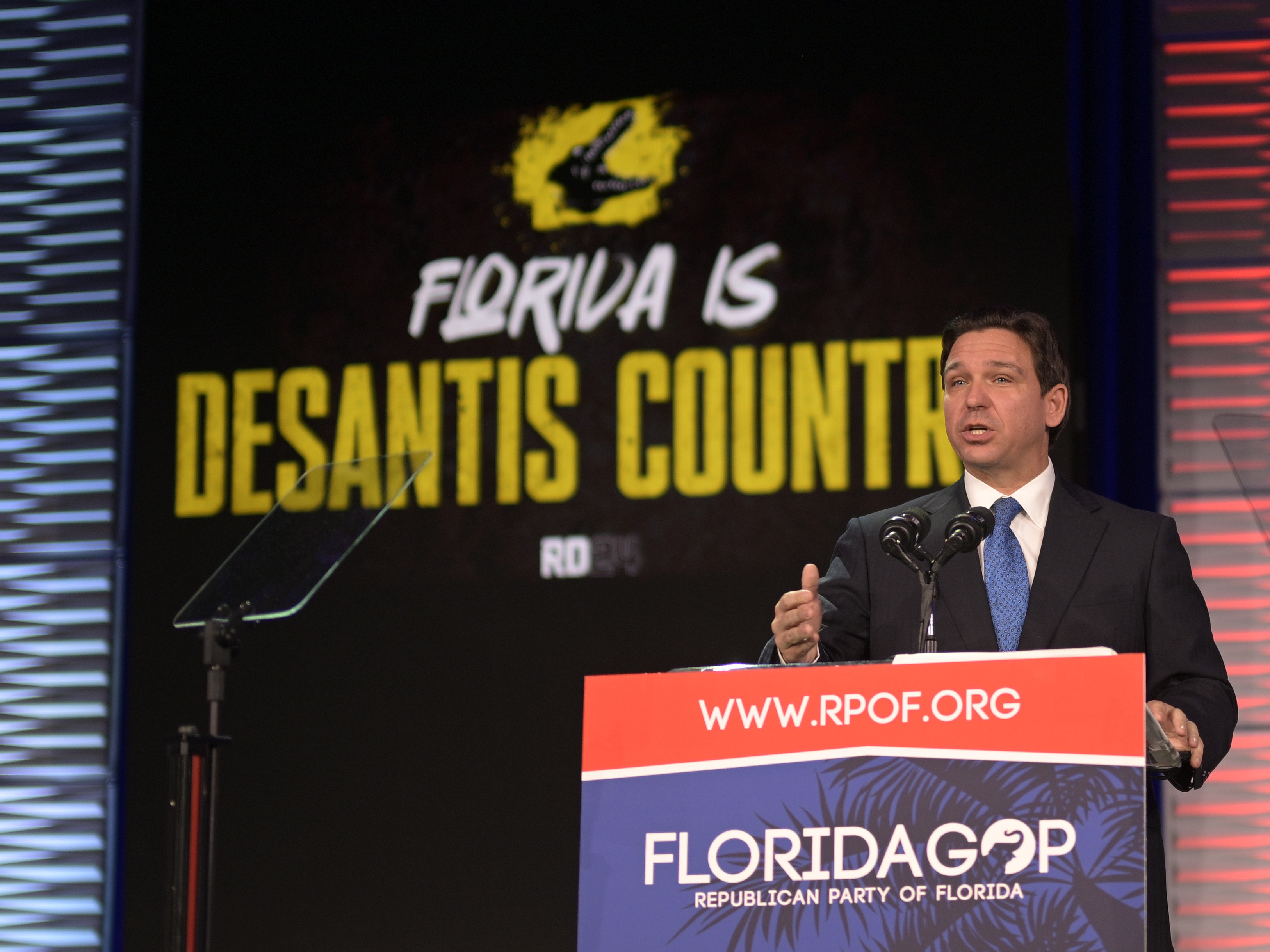 caption: Republican presidential candidate Florida Gov. Ron DeSantis speaks to attendees at the Republican Party of Florida Freedom Summit on Nov. 4, 2023 in Kissimmee, Fla.