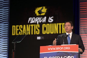 caption: Republican presidential candidate Florida Gov. Ron DeSantis speaks to attendees at the Republican Party of Florida Freedom Summit on Nov. 4, 2023 in Kissimmee, Fla.