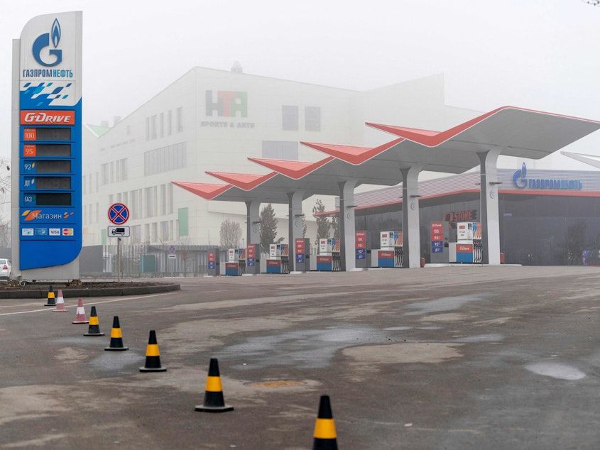caption: A closed Gazprom gasoline station is shown in Almaty, Kazakhstan on Jan. 9, 2022.