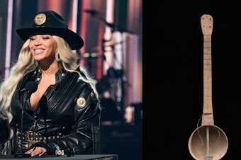 caption: Beyoncé accepts the Innovator Award at the 2024 iHeartRadio Music Awards on April 1. Her new album is "Carter Country" and it features a banjo on the hit song "Texas Hold 'Em." At right: a gourd banjo was an early American incarnation of an instrument that originated in Africa and was played by African Americans.