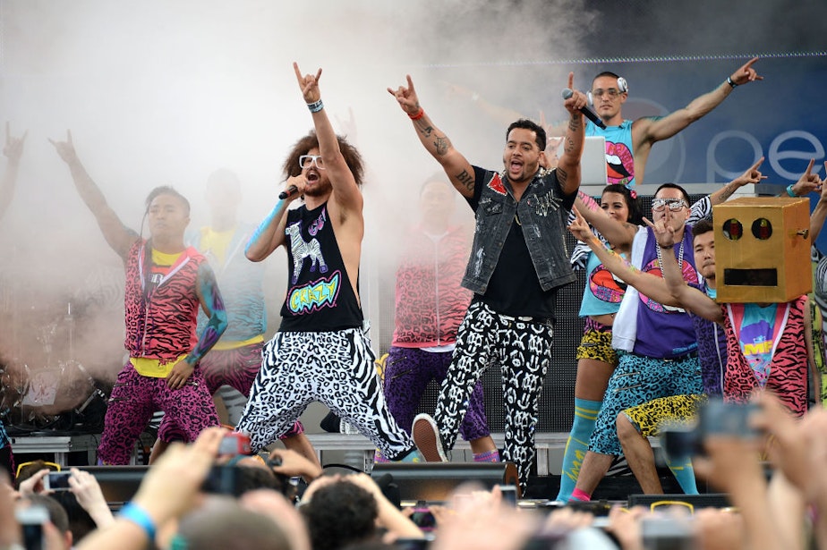 caption: Stefan Gordy (a.k.a. Redfoo) and Skyler Gordy (a.k.a. SkyBlu) of LMFAO perform at Rumsey Playfield in Central Park. (Andrew H. Walker/Getty Images)