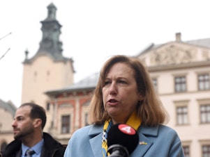 caption: The acting U.S. ambassador to Ukraine, Kristina Kvien, left Ukraine last month when the invasion began and is now just over the border in Poland.