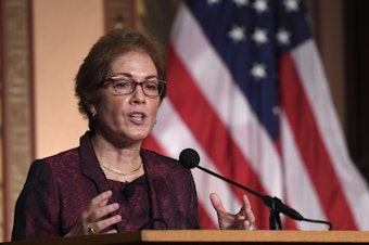 caption: Former U.S. Ambassador to Ukraine Marie Yovanovitch speaks at Georgetown University on Wednesday, where she received the Trainor Award for excellence in diplomacy.