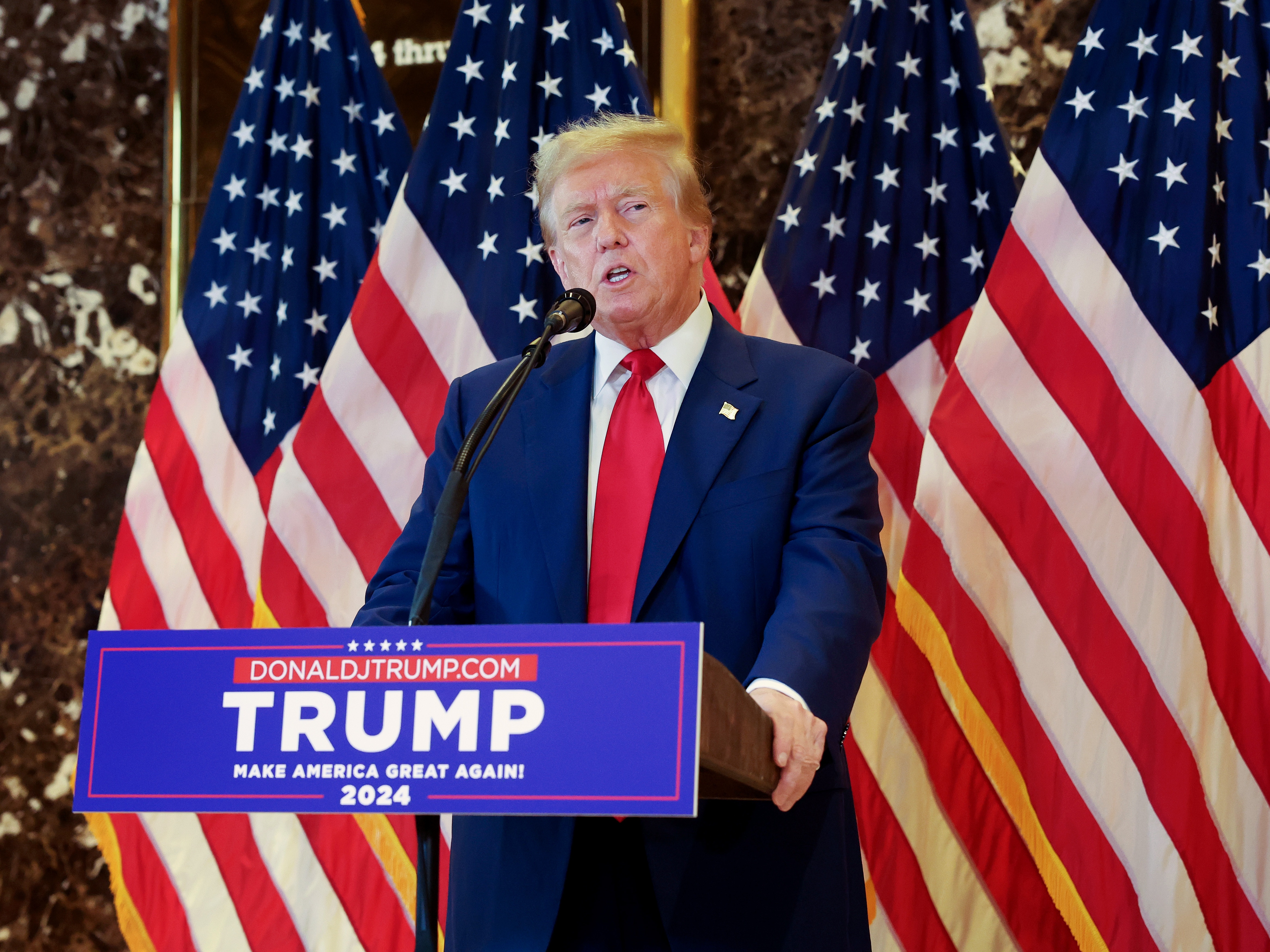 caption: Former President Donald Trump will address Black journalists at this year's NABJ convention in Chicago. Here, Trump is seen holding a press conference on May 31 following the verdict in his hush-money trial in New York City.
