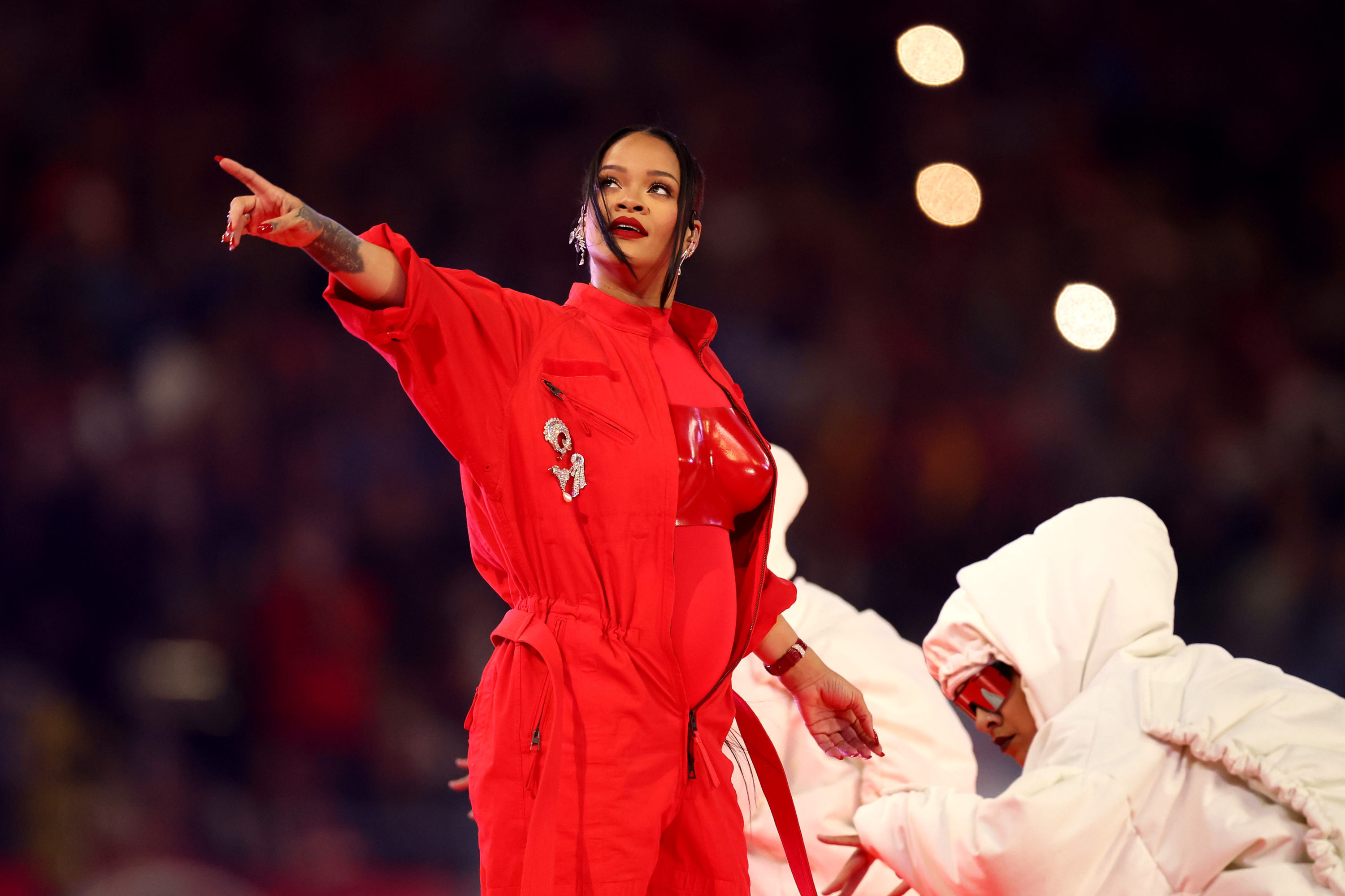 caption: Rihanna performs onstage during the Apple Music Super Bowl LVII Halftime Show at State Farm Stadium on Feb. 12, 2023 in Glendale, Arizona. (Ezra Shaw/Getty Images)