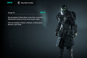 caption: One of the suits of armor available in <em>Assassin's Creed: Valhalla</em> — if you're willing to pay realn money.