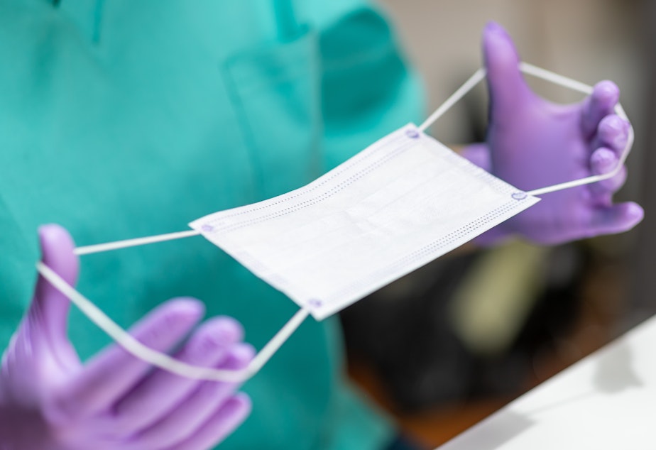 Hands in protective gloves holding stretching bands on protective mask for application.