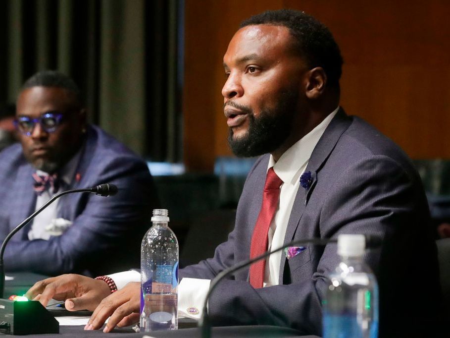 caption: Civil rights attorney Lee Merritt testifies on Tuesday during a Senate Judiciary Committee hearing to examine issues involving race and policing in the aftermath of the killing of George Floyd.