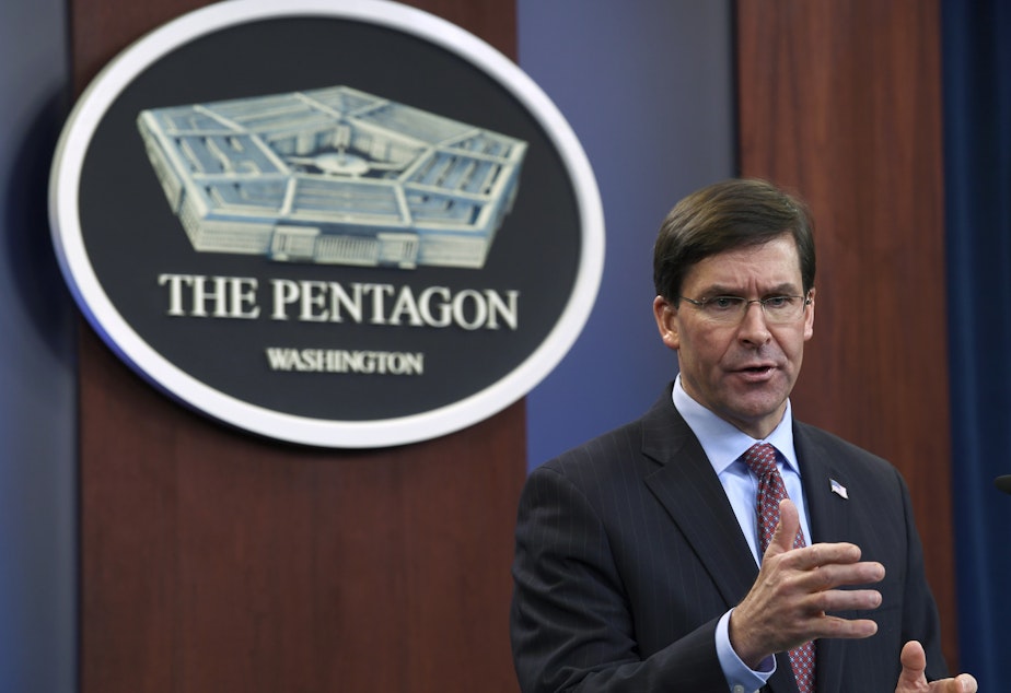 Defense Secretary Mark Esper speaks during a news conference at the Pentagon in Washington on Dec. 20, 2019.