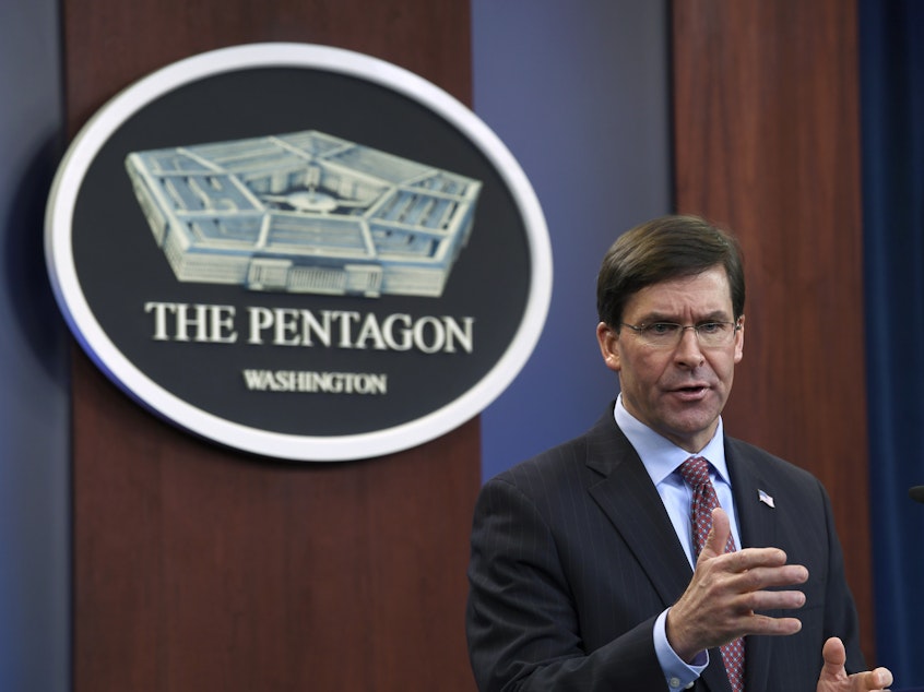 caption: Defense Secretary Mark Esper speaks during a news conference at the Pentagon in Washington on Dec. 20, 2019.