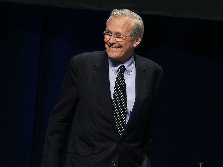 caption: Former Secretary of Defense Donald Rumsfeld, pictured in February 2011, has died, his family announced on Wednesday.