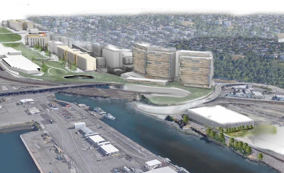 caption: A view from Smith Cove of a proposed new neighborhood in Seattle's Interbay area.