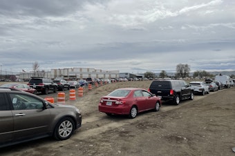 caption: Hundreds of cars wait in line at the FEMA mass vaccination site at the Yakima State Fair Park on April 4, 2021. 