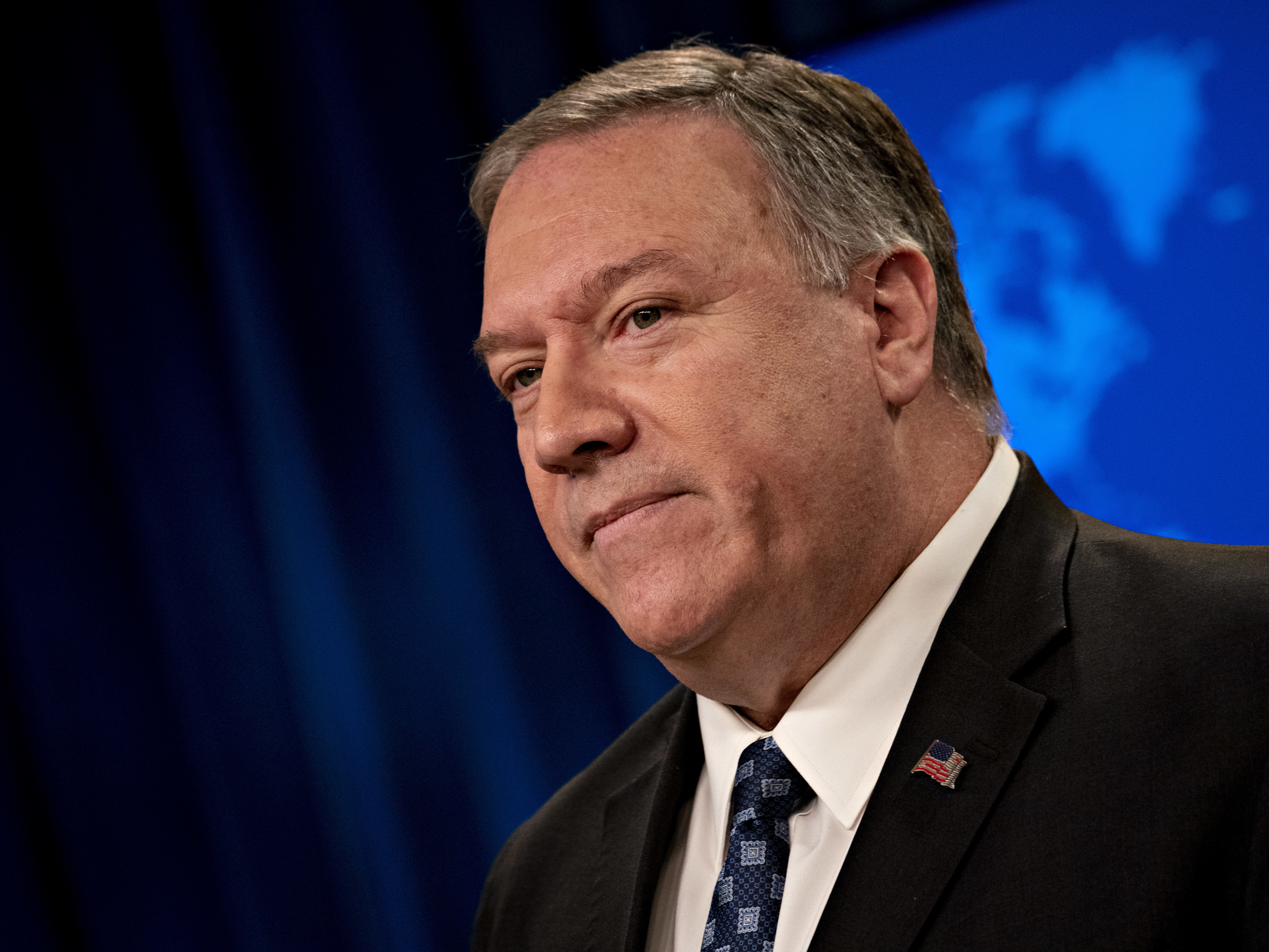 caption: U.S. Secretary of State Mike Pompeo at the State Department press briefing room in Washington, D.C., earlier this month.