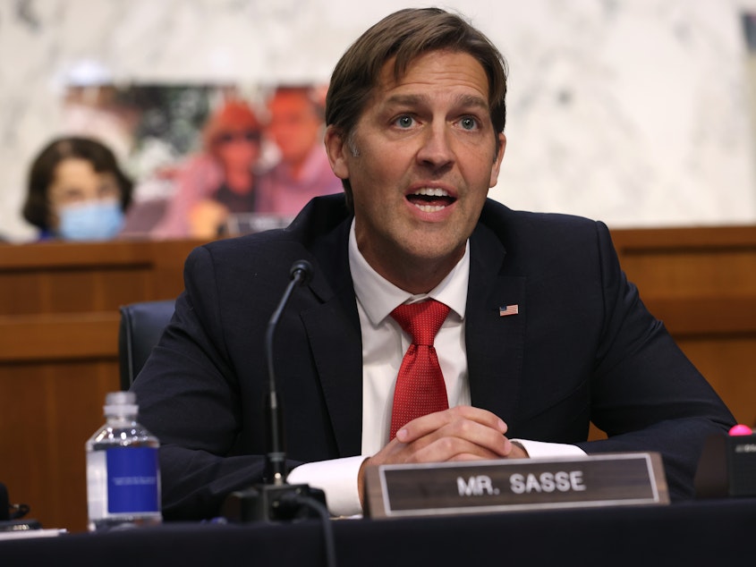 caption: Sen. Ben Sasse, R-Neb., speaks during the Senate Judiciary Committee hearing for Amy Coney Barrett's Supreme Court nomination on Monday.