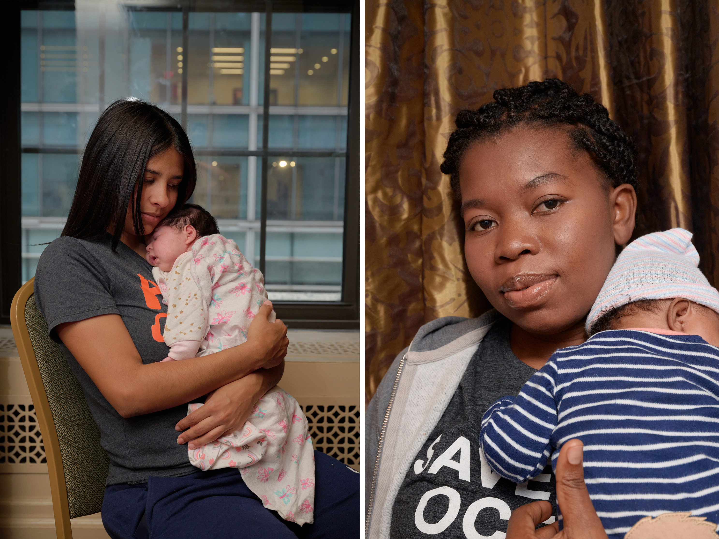 caption: (Left) Daríana Perdigón, originally from Venezuela, and her newborn Dariangelys and (Right) Magdala Ciceron with her child Amaya, pose for portraits in the maternity care unit at the Roosevelt Hotel.