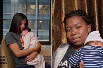 caption: (Left) Daríana Perdigón, originally from Venezuela, and her newborn Dariangelys and (Right) Magdala Ciceron with her child Amaya, pose for portraits in the maternity care unit at the Roosevelt Hotel.