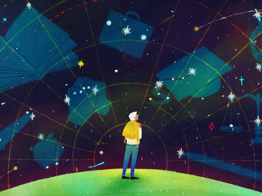 A figure wearing a yellow backpack looks into the stars, where there are outlines of graduation caps, pencils, a piggy bank, a saw and a scale.