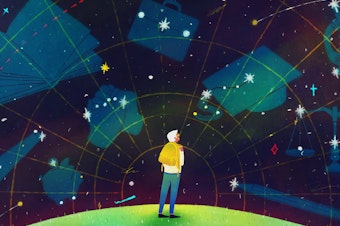 A figure wearing a yellow backpack looks into the stars, where there are outlines of graduation caps, pencils, a piggy bank, a saw and a scale.