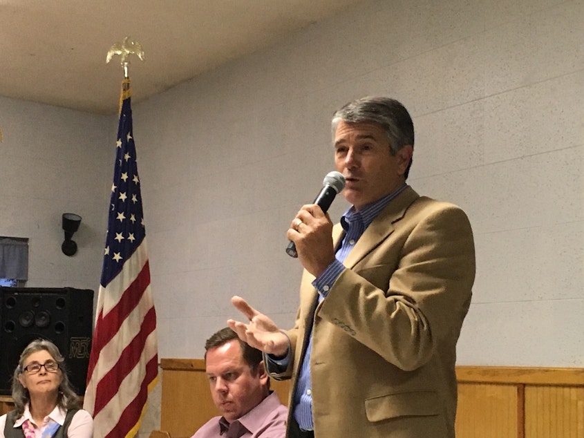 caption: Keith Goehner (R, Dryden) at a recent candidates' forum at the American Legion in Brewster. 