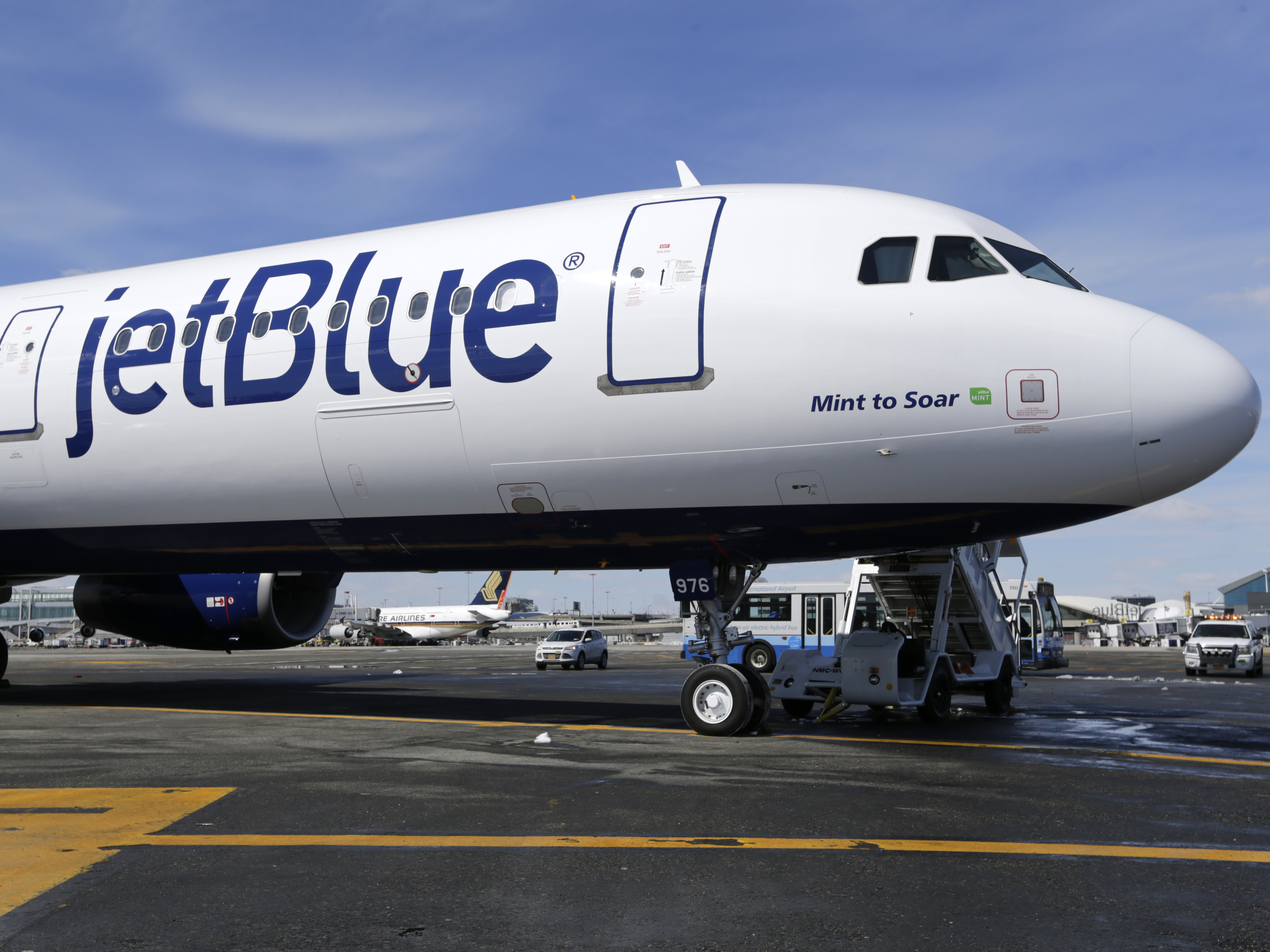 caption: A JetBlue airplane is shown at John F. Kennedy International Airport in New York, March 16, 2017.
