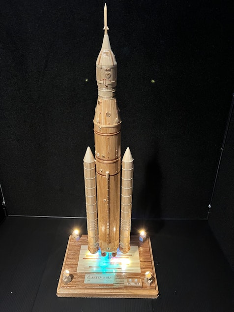 caption: Jhun Carpio's "ArtemisSLS Rocket" on display at the Museum of Flight in Seattle.