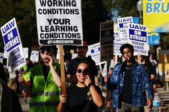caption: Union academic workers and supporters march and picket at the UCLA campus amid a statewide strike by nearly 48,000 University of California unionized workers on Nov. 15, 2022, in Los Angeles.
