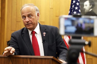 caption: Rep. Steve King is seen at a town hall in Hampton, Iowa, in 2019.