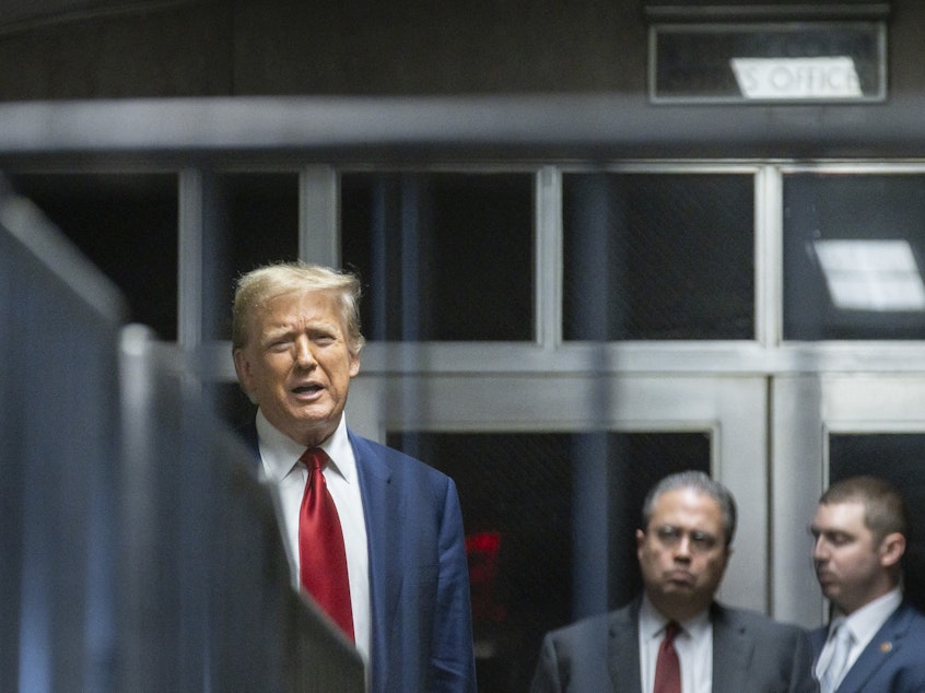 caption: Former President Donald Trump speaks to the press in a hallway outside the courtroom at the end of a hearing to determine the date of his trial for allegedly covering up hush money payments linked to extramarital affairs, at Manhattan Criminal Court in New York City on March 25.