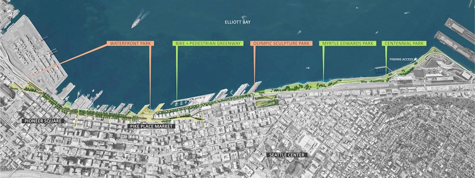 caption: A graphic showing plans for the Elliott Bay Connections project, which will connect a range of public spaces along Seattle's newly renovated Waterfront. 