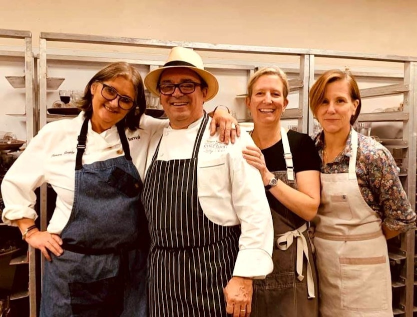 caption: (From left) Seattle chefs Tamara Murphy, Thierry Rautureau, Leslie Mackie, and Holly Smith pose together.