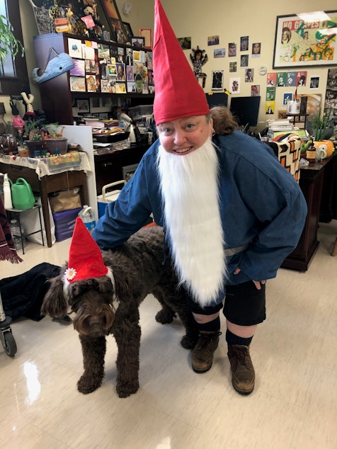 caption: Eyva Winet and their dog Mo dressed up for "gnome day" at Nova Highschool in the 2019-2020 school year.