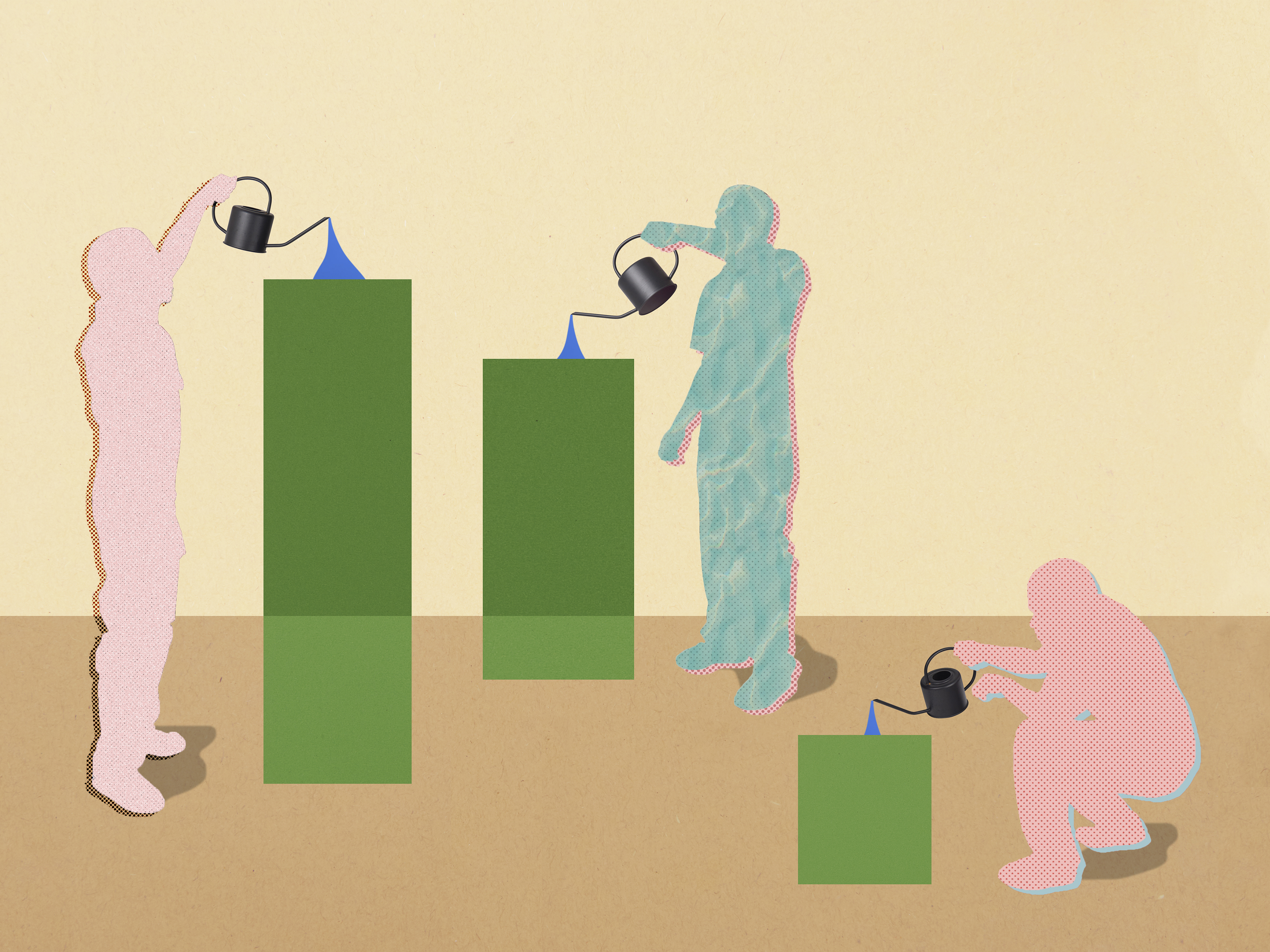 Colorful silhouette of a man nurturing green financial investments and revenue streams, symbolized by a bar chart and a watering can.