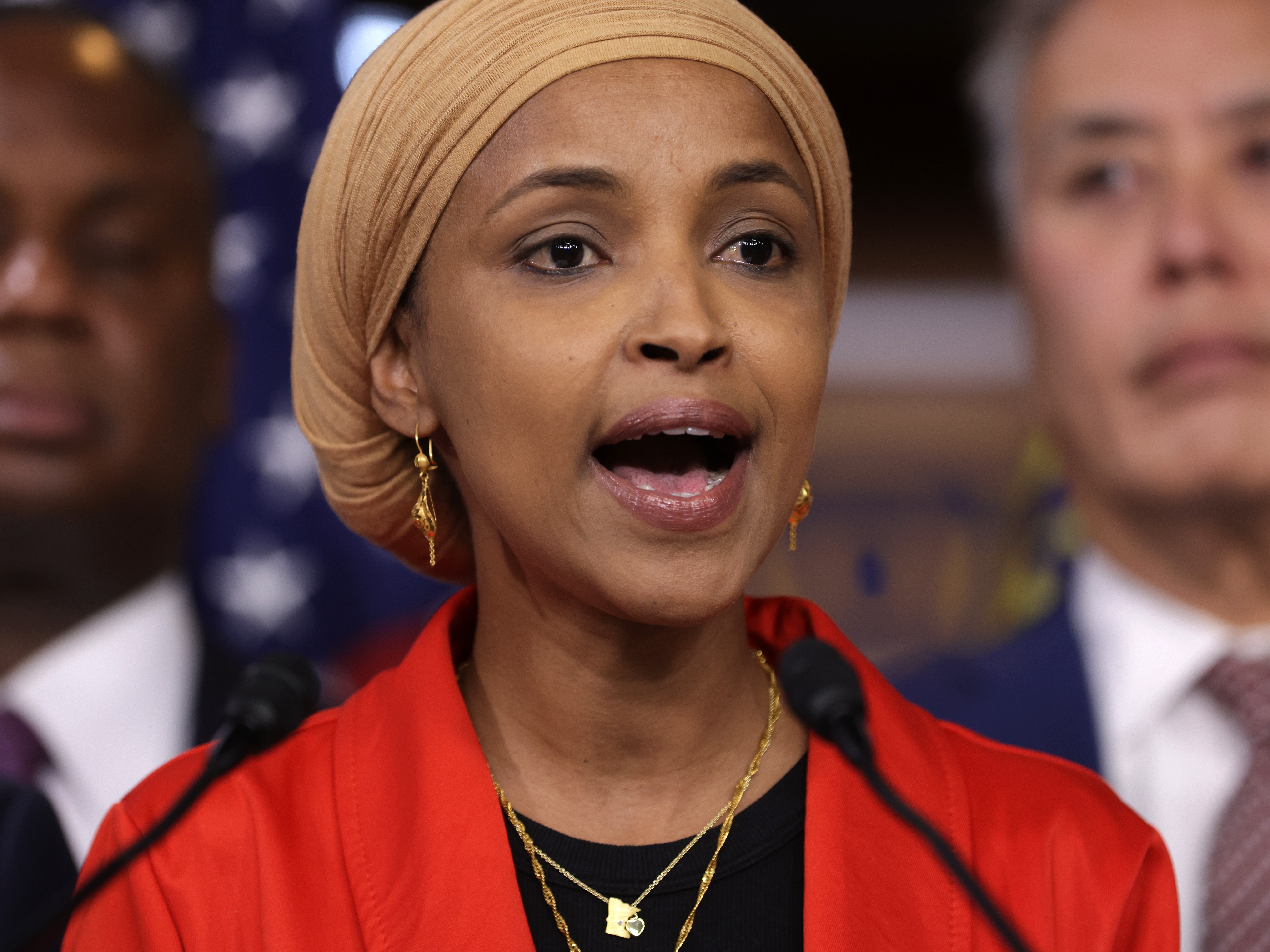 caption: In this file photo, Rep. Ilhan Omar, D-Minn., speaks during a news conference at the U.S. Capitol on September 20, 2023 in Washington, DC. 