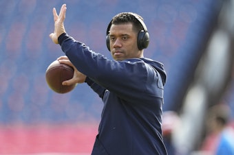 caption: Denver Broncos quarterback Russell Wilson (3) warms up before an NFL football game between the Denver Broncos and the Los Angeles Chargers, Sunday, Dec. 31, 2023, in Denver. On Sunday, March 10, 2024, Wilson announced on social media that he was moving to play for the Pittsburgh Steelers. 