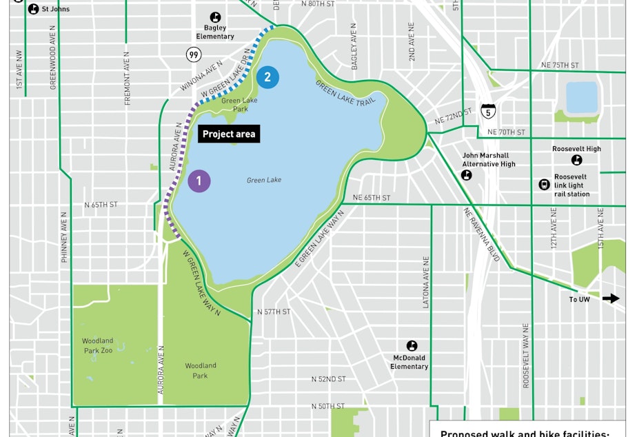caption: Seattle's Parks and Recreation Department plans to construct a bike path on the outer loop of the lake in two segments, along Aurora Avenue and Green lake Drive. 
