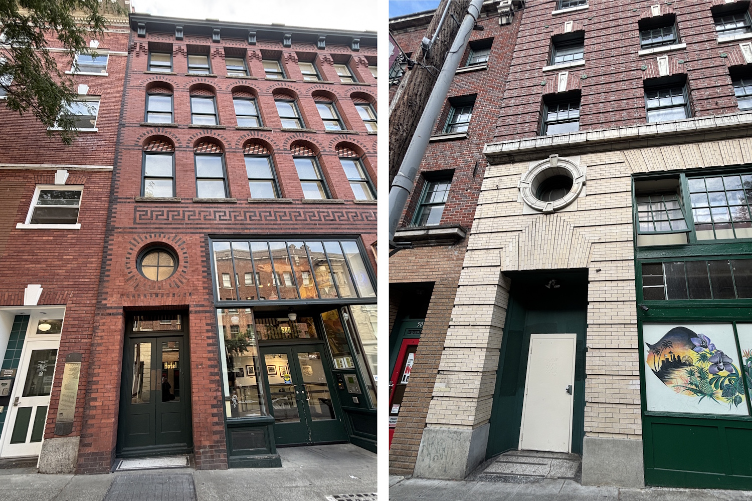 caption: Doorways show off intricate brick work in Seattle's Chinatown International District. Many old brick buildings have not been reinforced to withstand an earthquake.