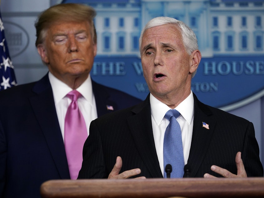 caption: Vice President Mike Pence speaks after President Trump announced he had put him in charge of the administration's coronavirus response.